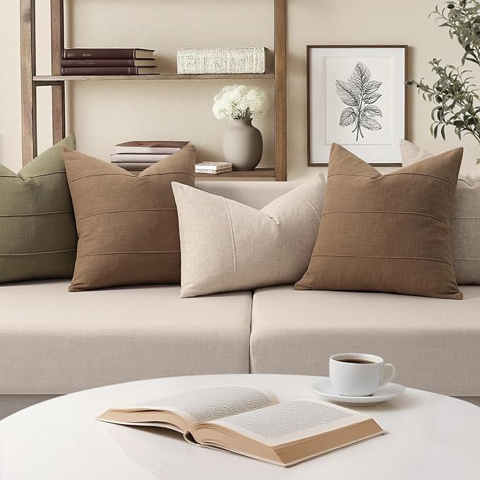 ZWJD Decorative Linen Throw Pillow Covers 26x26 Set of 2 Solid Handcrafted Striped Cushion Covers for Bed Soft Modern Farmhouse Neutral Pillowcase for Couch Bedroom Living Room Home Decor(Coco Brown)