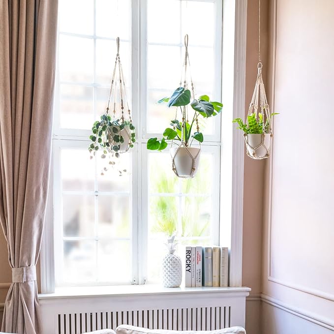 Mkono Macrame Plant Hanger Indoor Hanging Planter Basket with Wood Beads Decorative Flower Pot Holder No Tassels for Indoor Outdoor Boho Home Decor 35 Inch, Ivory, Set of 1 (POTS NOT Included)