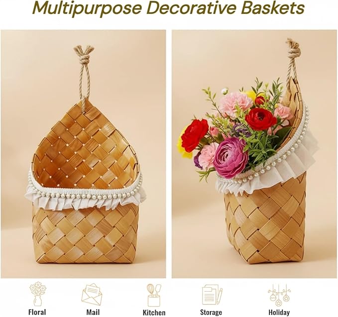 2 Pack Hanging Baskets for Organizing - Woven Wood Chip Wall Baskets Decor for Plants - Small Hanging Mail Baskets for Wall & Entryway - Boho Farmhouse Dried Flower Wall Decor Storage