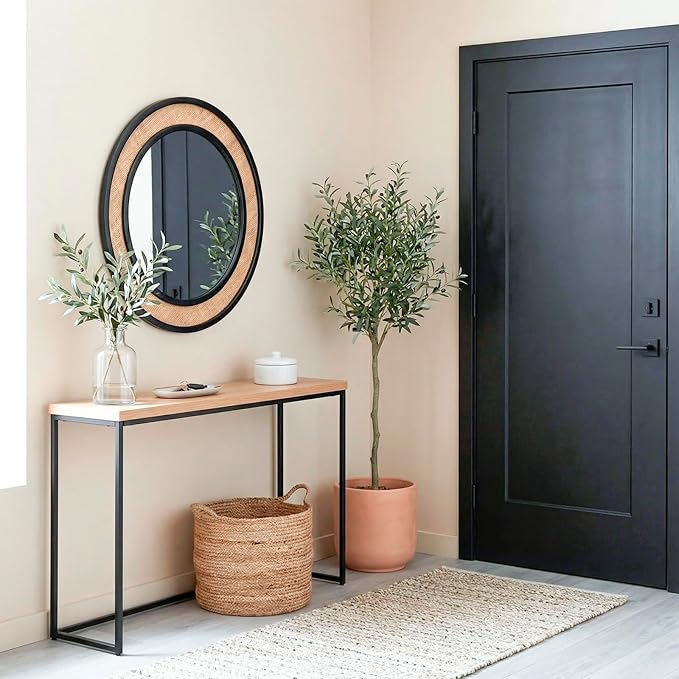 Round Rattan Mirror, 30" Circle Wall Mirror, Farmhouse Wooden Vanity Mirror with Handmade Wicker Frame, Decorative Boho Mirror for Nursery Bedroom Living Room Entryway Black