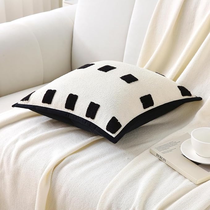 Boho Decorative Throw Pillows with Inserts, 18" x 18" Soft Tufted Modern Chenille Pillow, Pillows for Home, Patio, Couch, Bedroom, Living Room (Black Square - White Background)