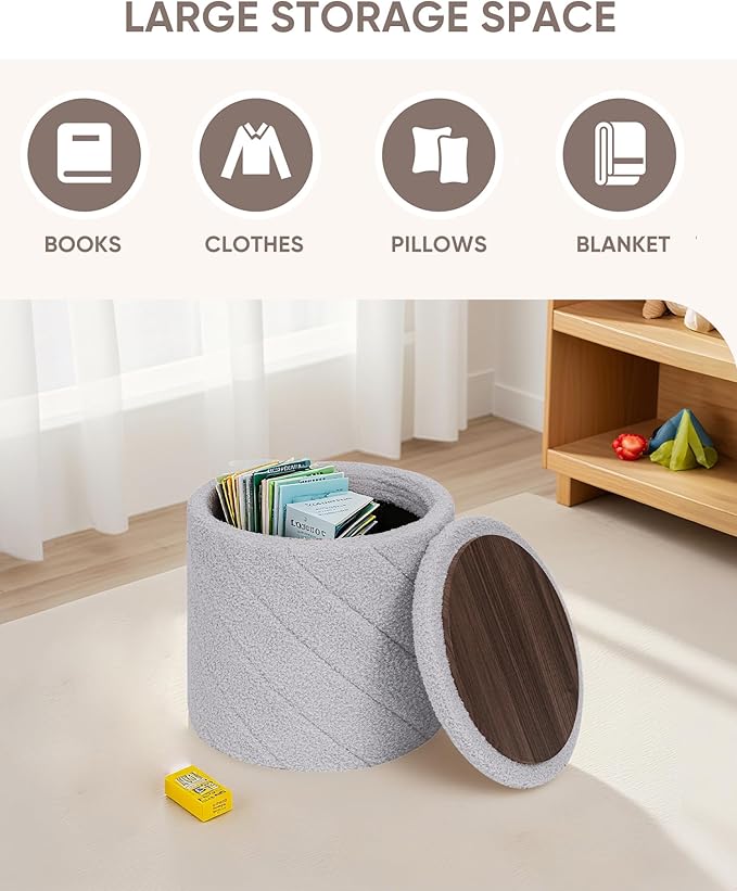B FSOBEIIALEO Ottoman with Stroage, Boucle Round Storage Ottoman with Tray,Foot Rest Stool for Dorm Room, Living Room Grey, 12.99"x12.99"x13.78"