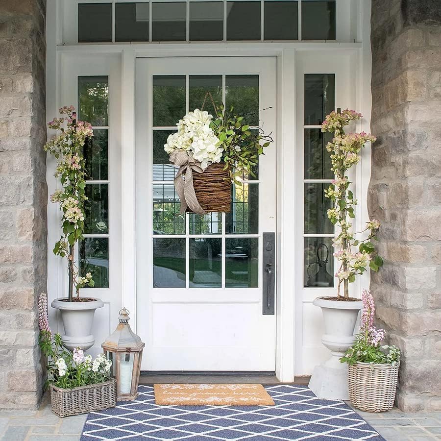 Cream Hydrangea Door Hanger Basket Wreath - Farmhouse Spring Wreath with Wildflowers, Mother's Day Decor, Artificial Rattan Hanging Basket for Porch, Wall, Home Decor - color: White