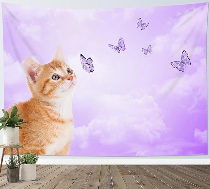 LB Funny Cat Butterfly Wall Tapestry Cute Cat with Butterfly on Fantasy Cloud Purple Sky Tapestry Animal Wall Decor for Bedroom Living Room Dorm 92.5Wx70.9L Inches