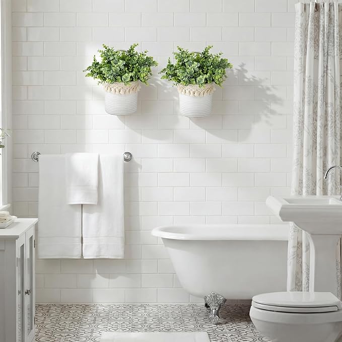 2 Pcs Hanging Cotton Rope Baskets with Tassels 4 Pcs Faux Eucalyptus Stems, Boho Wall Decor, White Woven Plant Basket with Artificial Eucalyptus Leaves for Bedroom, Farmhouse Home Decor