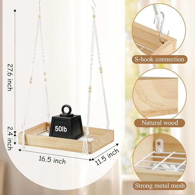 Novabright 2 Pcs Window Hanging Plant Shelf with Macrame Adjustable Rope, 16" Large Wooden Plant Hanger Indoor with Metal Frame, Load 50lb, Suit for Window Ceiling Wall Mount Boho Decor