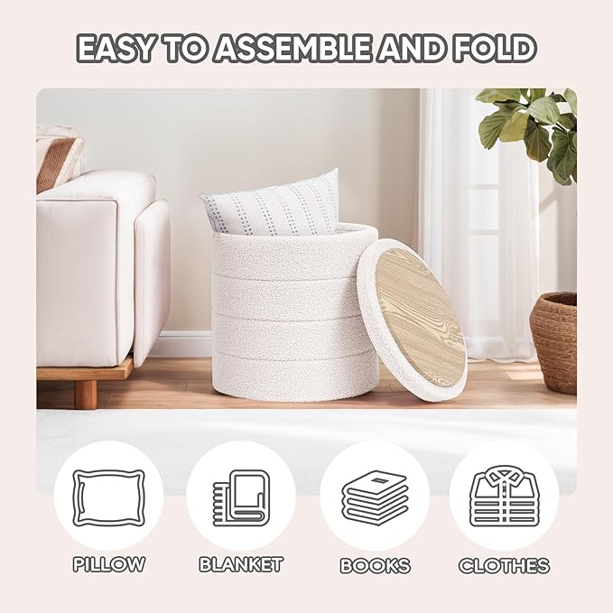 PINPLUS Round Storage Ottoman Foot Rest Stool with Tray Velvet Sherpa Folding Storage Ottoman,Boucle Foot Rest for Living Room, Bedroom, Dorm,White Color