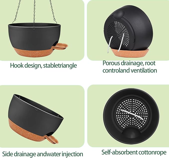 12 Inch Self Watering Hanging Planters 2 Pack, Indoor Outdoor Hanging Pots for Plants with Drainage Holes & Saucers, Black Brown Plastic Hanging Baskets for Kitchen Balcony Garden