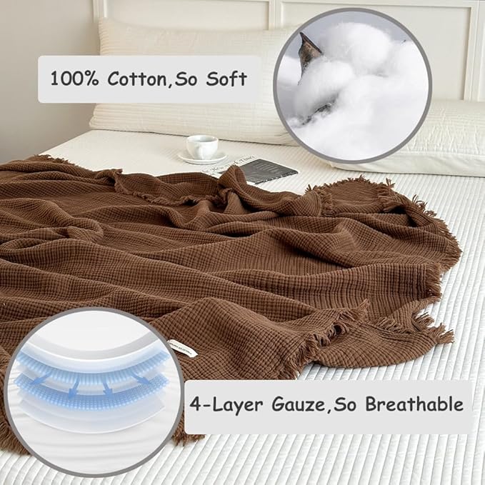 100% Cotton 4-Layer Muslin Blanket with Fringes, 50"x60", Brown Throw Blanket, Ultra-Soft Gauze Blanket, Boho Bedding for All Seasons, Breathable for Couch, Bed(Brown,Throw)