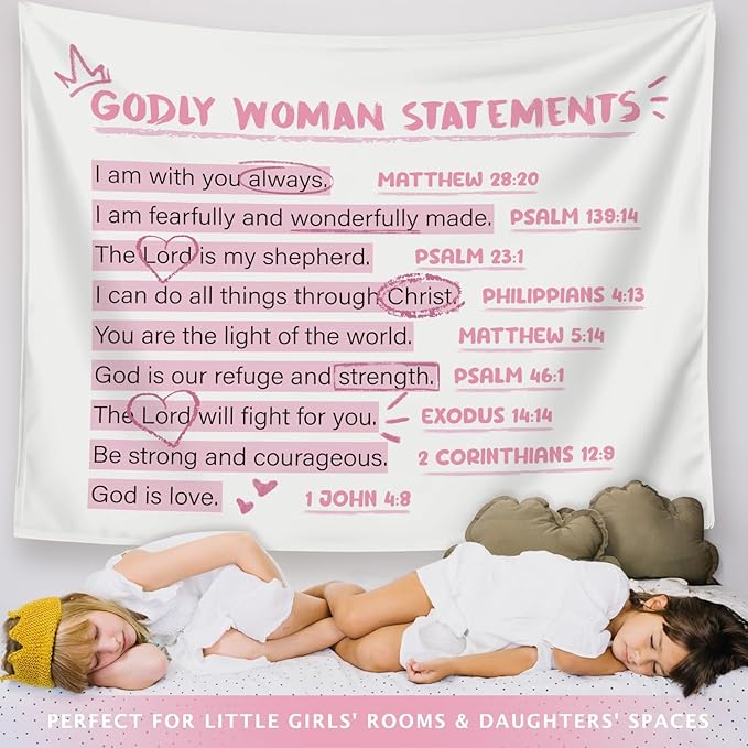 LIANGW Cute Pink Christian Tapestry Aesthetic for Bedroom, Coquette Preppy Room Decor for Teen Girls & Women, Dorm Decor for College Girls, Bible Verses Tapestries Wall Hanging 50x60 inche