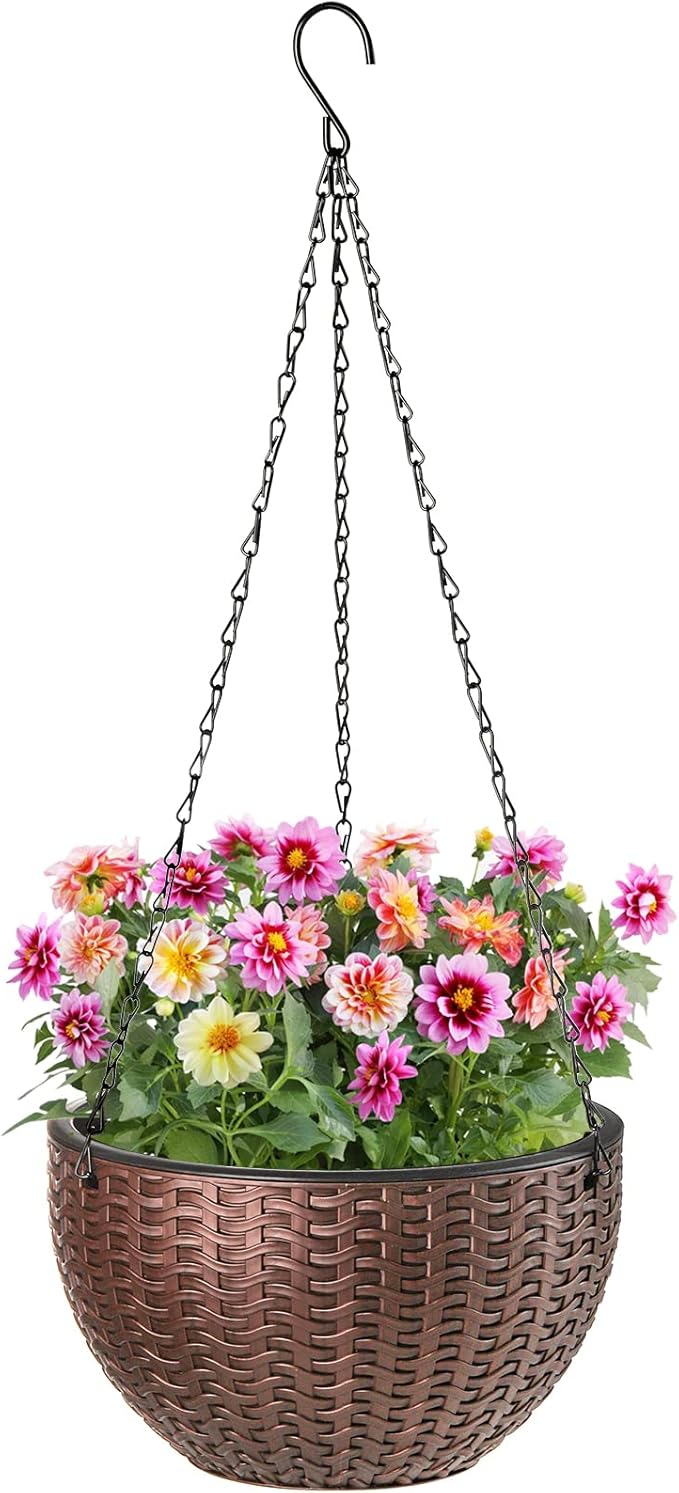 Foraineam 10.2 Inches Round Basket Hanging Planter Dual-pots Design Garden Flower Plant Pots Hanging Planter Baskets with Drainer and Chain for Indoor Outdoor Use