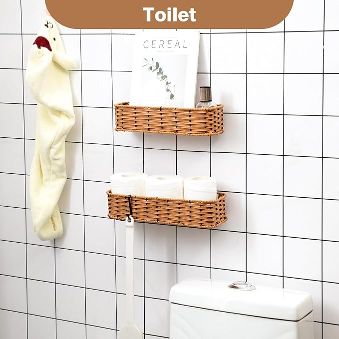 Hanging Wall Basket, Adhesive Wall-Mounted Organizer for Storage, 2-Pack Plastic Wicker Woven Storage Shelves for Kitchen Cabinets, Bathroom, Pantry, Brown Color