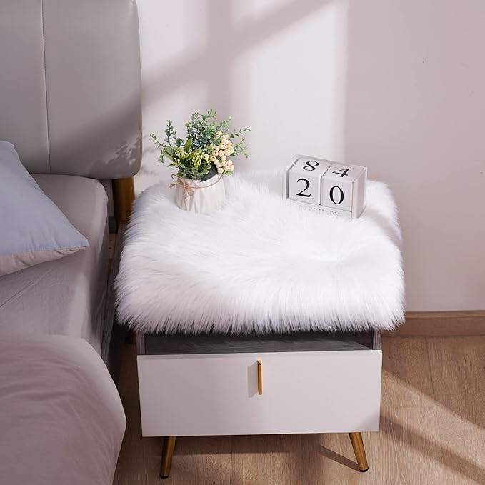 Softlife White Faux Fur Sheepskin Chair Cover 6 PCs Seat Cushion Pad Super Soft Area Rugs for Living Bedroom Sofa Dorm (1.6ft x 1.6ft)