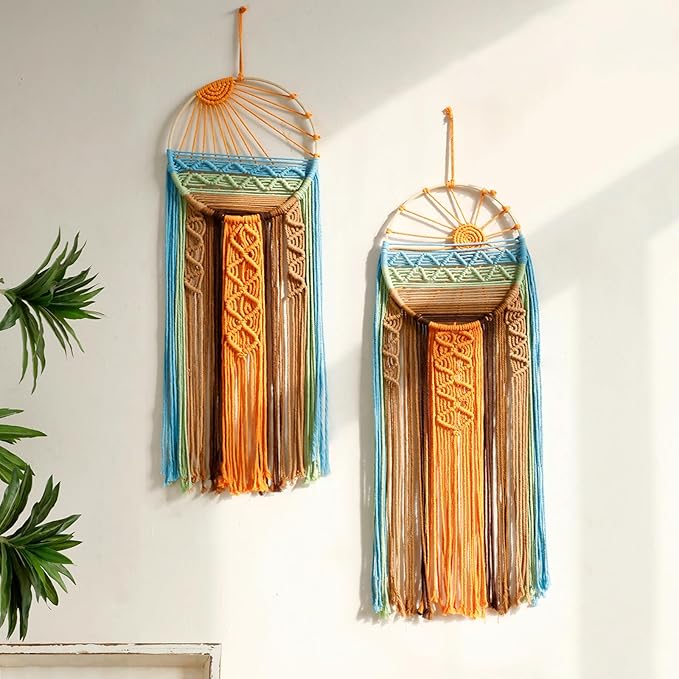 Artilady 2 Pack Macrame Sun Wall Decor Hanging Tapestry Sunrise Sunset Wall Art Set, Hand Woven Boho Tapestries Colorful Decor For Bedroom Living Room Nursery Apartment (2 Pcs)