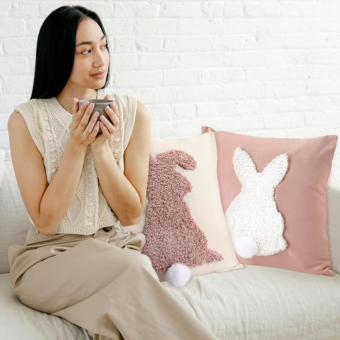 Tufting Easter Pillow Covers 18" x 18" Set of 2 Bunny Pillow Covers 3D Tufted Bunny Rabbit Throw Pillowcase Easter Decorative for Bedroom Sofa Home Decor(Beige, Light Pink)