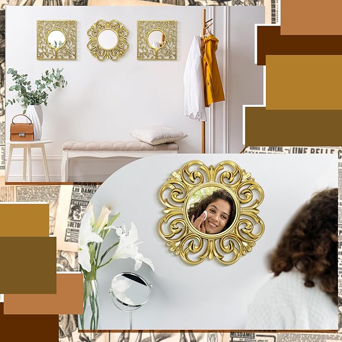 3 Pack Gold Sunburst Mirrors for Wall Decor Circle Flowers Mirrors Decorative Gold Hanging Wall Art Flowers Mirror for Home Living Dinning Room Bedroom Bathroom Boho Decoration Art(Vintage)