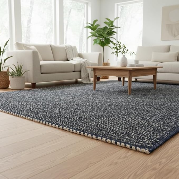 Navy 6x9 Jute Rug Braided Construction - Farmhouse Woven Carpet - Nautical Floor Covering for Bedroom Living Room, 6' x 9'
