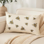 Honeycomb Throw Pillow Cover 12x 20, Gold Embroidered Bumble Lumbar Linen Pillow Cushion Case, Bee Farmhouse Home Decor for Outdoor Couch Bedroom Car