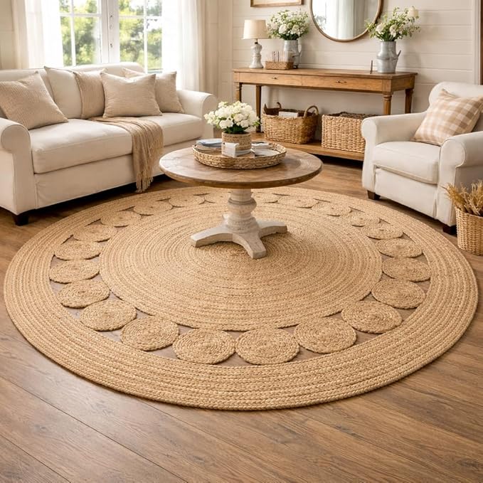 Savi Home Round Jute Area Rug Handwoven- 8 feet Round- Natural Beige - Rustic Vintage Beige Braided Reversible Rug- Eco Friendly Rugs for Farmhouse, Bedroom, Kitchen, Living Room