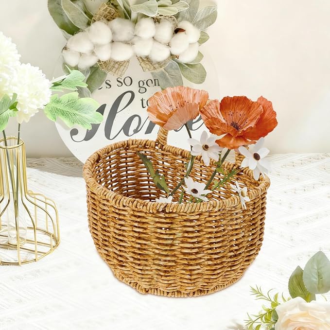 TEHAUX Hand Woven Hanging Basket for Kitchen Storage Lightweight Wall Mounted Rattan Style Organizer 7.08X5.90X5.11 Inches Space-Saving Container for Household Sundries
