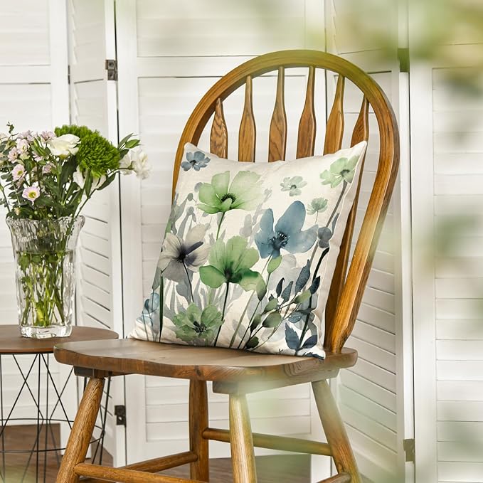 AVOIN colorlife Poppy Flowers Chinoiserie Fall Throw Pillow Cover, 18 x 18 Inch Blue Sage Green Seasonal Leaves Cushion Case Decoration for Sofa Couch Farmhouse