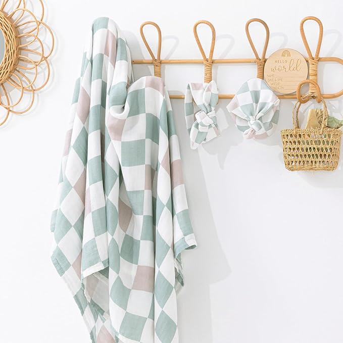 BabyWhale Muslin Swaddle Blanket with Hat and Headband Bow, Checkered Print Swaddle Set for Baby Boys ＆ Girls, Unisex Soft Receiving Blanket Wrap, Green Grey Checkered, 47x47 inches