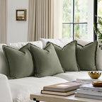 MIULEE Decorative Couch Pillow Covers Neutral Linen Fringe Throw Pillows Set of 4 Boho Farmhouse Cushions Soft Accent Pillowcases for Bed Couch Sofa Living Room Spring Decor 18x18 Inch Olive Green