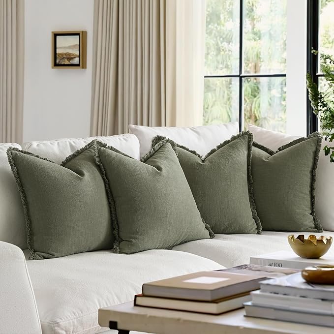 MIULEE Decorative Couch Pillow Covers Neutral Linen Fringe Throw Pillows Set of 4 Boho Farmhouse Cushions Soft Accent Pillowcases for Bed Couch Sofa Living Room Spring Decor 18x18 Inch Olive Green