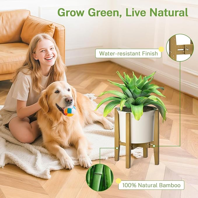 iDavosic.ly Adjustable Plant Pot Stand 2 Pack Indoor Outdoor, Mid Century Modern Bamboo Short Single Flower Holder Fits 8 to 12 Inch Large Heavy Duty Planter (Not Included) | Brown