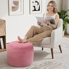 MeMoreCool Stuffed Round Pouf Ottoman Foot Rest, Soft Plush Floor Pouf Foot Stool, Corduray Footstool Footrest, Small Round Ottoman for Living Room Couch Sofa Chair, 20x15 Inch Pink