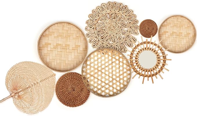 Unittype Wall Basket Decor Set of 8 Boho Wicker Wall Handmade Decor with Rattan Mirror Farmhouse Woven Hanging Basket for Bathroom Bedroom Living Room