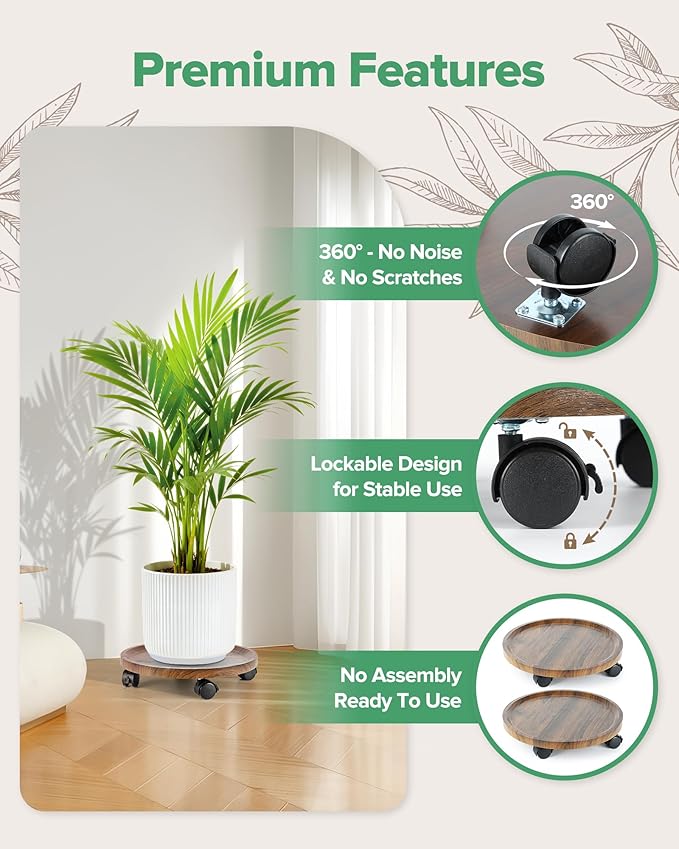 2 Pack Plant Caddy with Wheels, 14" Wood Rolling Plant Stand with 360° Lockable Wheels, Plant Stands Outdoor for Large Plants, Flower Cart Plant Dolly Plant Caster for Heavy Objects, Walnut