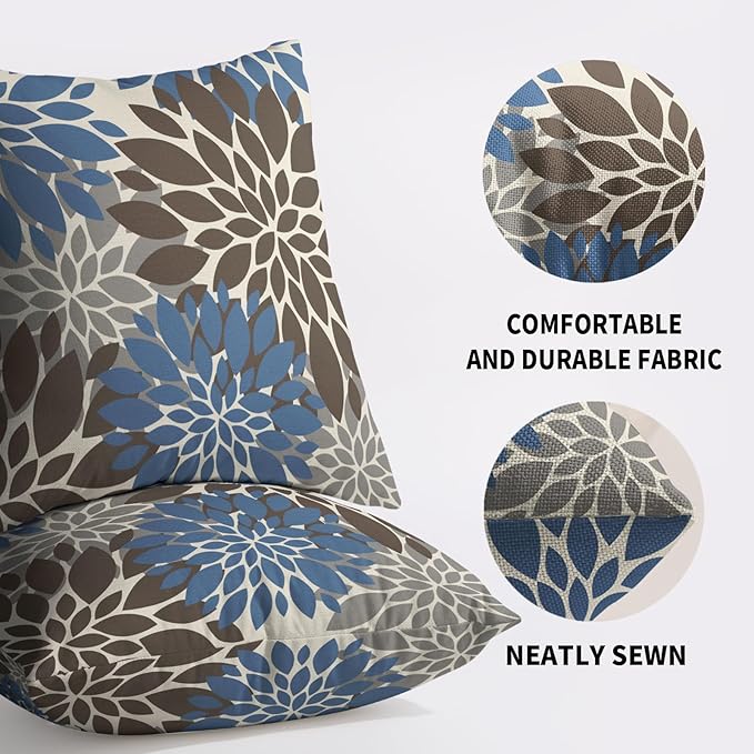 Dark Brown Blue Pillow Covers 16X16 Inch Set of 2, Spring Summer Floral Dahlia Flower Cream Decorative Throw Pillow Covers Outdoor Modern Farmhouse Cushion Case for Home Couch Sofa Bed Decor