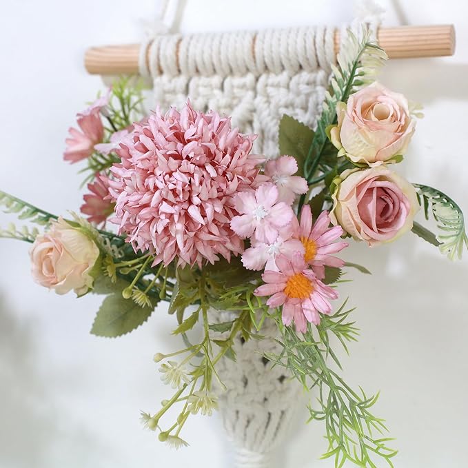 Macrame Wall Hanging, White Cotton Rope with Artificial Dahlia Flowers, 8x23 Inches, Handcrafted Boho Tapestry with LED Lights, Decorative Wall Art for Living Room, Bedroom (Flamingo Pink)