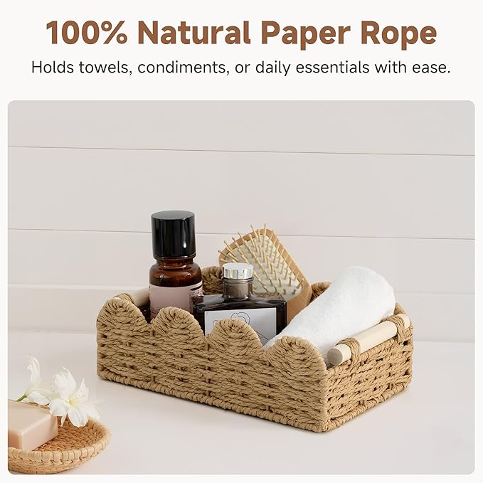 StorageWorks Toilet Paper Storage Basket, Living Room Organizers and Storage, Toilet Paper Basket with Wooden Handles, Small Paper Rope Scalloped Basket, Brown