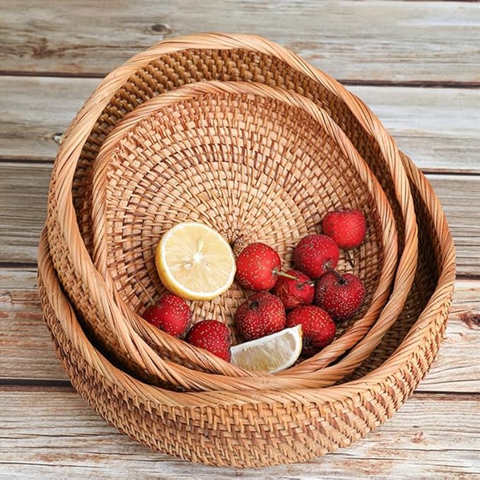 8.7” Small Basket Wicker, Rattan Serving Bowl Bowls, Small Decorative Tray, Natural Handwoven Basket, Entryway Nightstand Dining Room Kitchen Counter Table Coffee Organizing Snack Pastries Jewry