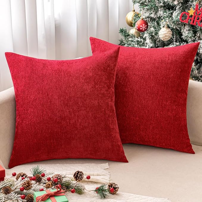 MIULEE Pack of 2 Red Decorative Christmas Pillow Covers 20x20 Inch Soft Chenille Couch Throw Pillows Farmhouse Cushion Covers for Home Decor Sofa Bedroom Living Room