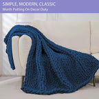 Bigacogo Chunky Knit Throw Blanket for Couch, 40x40 inches, 100% Hand Knitted with Thick Jumbo Chenille Yarn, Cozy Soft Large Rope Knot Cable Crochet Blankets for Sofa Bed Living Room, Navy Blue