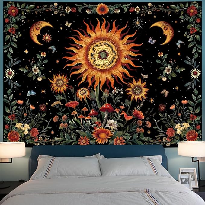 Serborlur Boho Sunflower Tapestry Hippie Moon Tapestry for Bedroom Colorful Botanical Floral Plant Wall Tapestries Aesthetic Vintage Wall Hanging for Living Room Dorm Decor