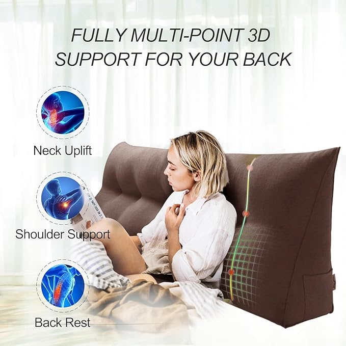 WOWMAX 80% Cotton & 20% Linen Blend Headboard Pillow – Twin Size Reading Wedge Backrest for Bed, Handmade Firm Support Bolster Cushion with Removable Cover, Premium Bed Rest Pillow, Brown