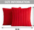 Pack of 2 Faux Fur Christmas Throw Pillow Covers 18x18 Inch, Soft Plush Striped Neutral Couch Pillow Cover, with Velvet Back Modern Home Decor for Sofa Living Room Couch Bed Red