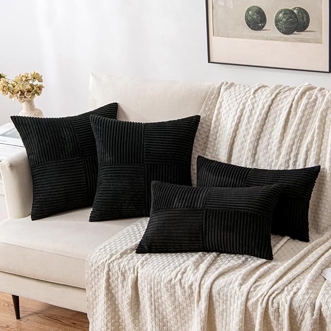 MIULEE Black Decorative Throw Pillow Covers 16x16 Inch for Couch Bed Sofa Pack of 2 Boho Farmhouse Throw Pillows Soft Cross Corduroy Patchwork Textured Cushion Cases