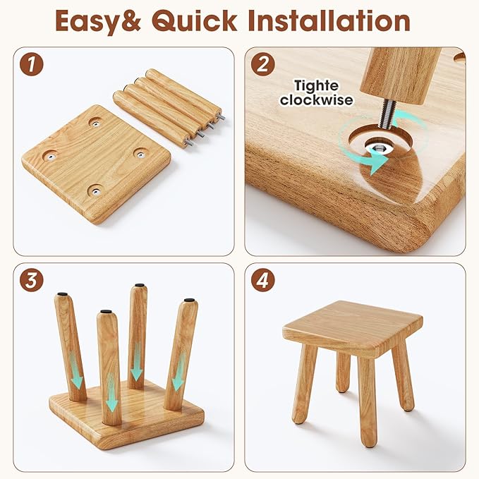 9 Inch Small Wooden Step Stool, multi-functional footstool, shoe changing stool, indoor plant stand, portable and sturdy, suitable for living room, kitchen, bedroom, bathroom (Natural wood color)
