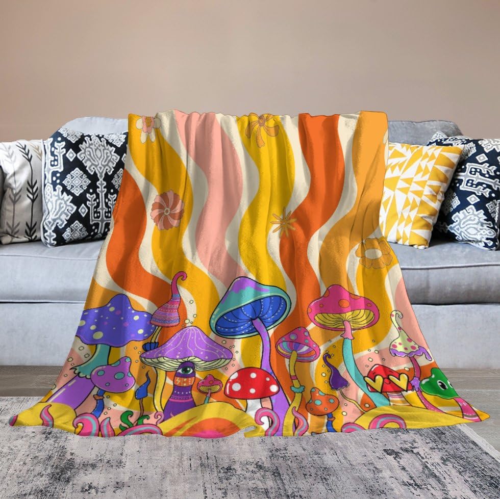 70s Mushroom Flower Blanket,Vintage Rustic Fantasy Hippie Sun Boho Groovy Abstract Blanket for Couch Sofa Bed Decorative Gifts 30x40 - color: Blanket-23, size: 30"x40"