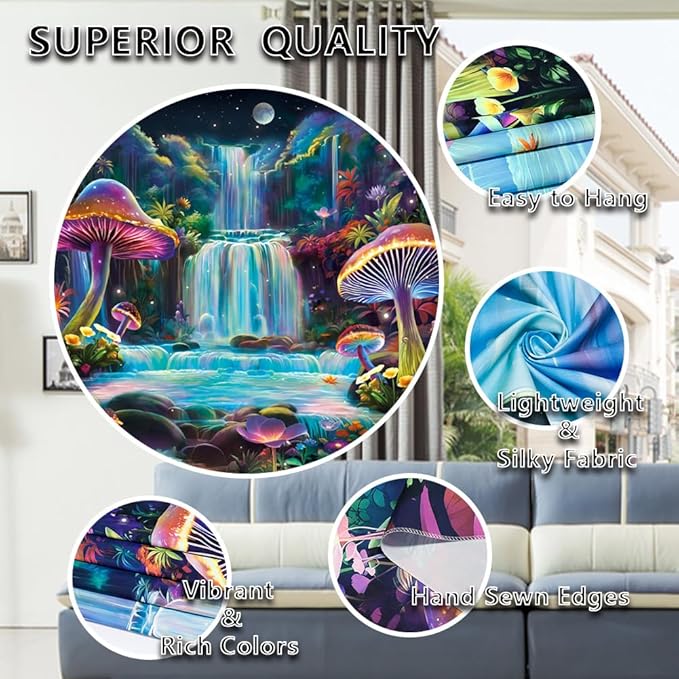 Dermijer Blacklight Tapestry Fantasy Mushroom Forest Tapestries UV Reactive Waterfall Tapestry Moon Night Neon Flower Landscape Wall Hanging for Home Decor L78.7×W59.1