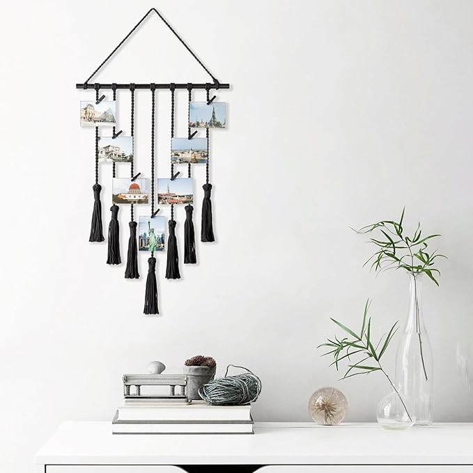 Mkono Teen Girl Room Decor Boho Macrame Hanging Photo Display, Pictures Cards Holder Wall Art for Bedroom Livingroom Dorm Home Teens Women Christmas Birthday Gift, with 25 Wood Clips, 27" L x 16.5''W