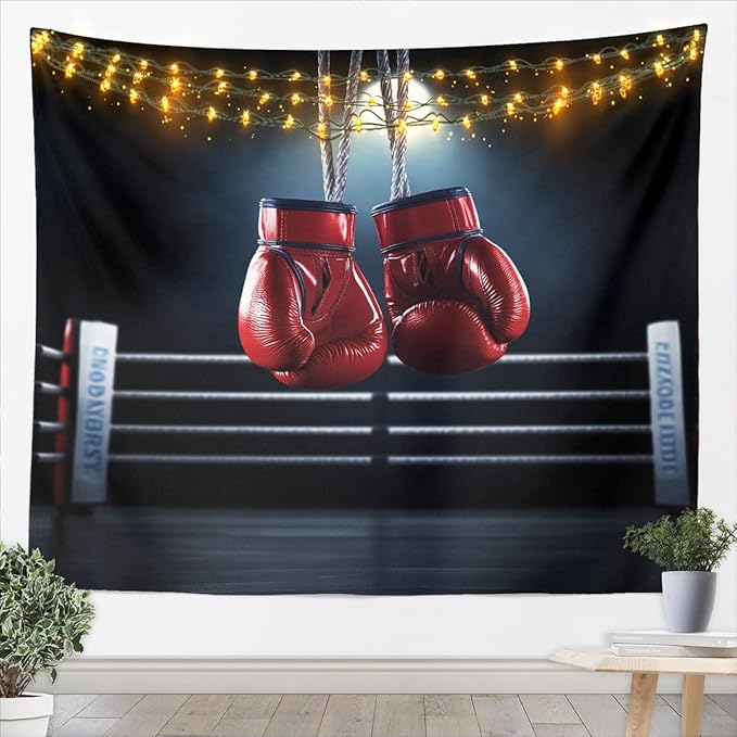 Erosebridal Boy Boxing Gloves Tapestry, Adult Pugilism Game Wall Blanket, Boxing Player Sport Wall Hanging, Black Red Bedroom Decor Small 51x59