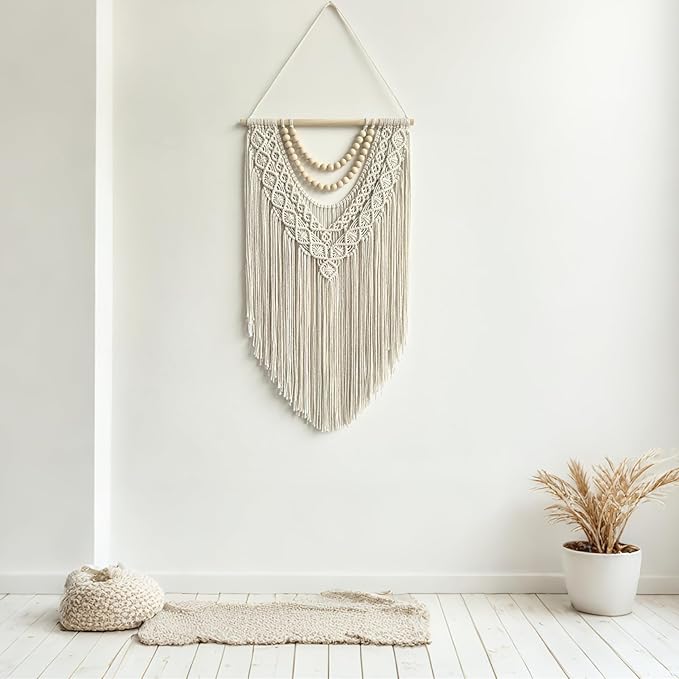 guzhiou Macrame Wall Hanging Boho Geometric Woven Tapestry Cotton Handmade Bohemian Art Decor with Wood Bead Wall Decor for Bedroom Living Room Apartment Nursery 31.5" L x 17" W (Wood bead-B)