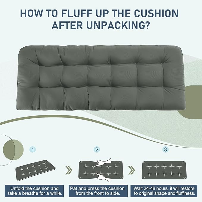 downluxe Outdoor Bench Cushion for Patio Furniture, Waterproof Tufted Overstuffed Porch Swing Cushions, Thick Outdoor Loveseat Cushions, 59" x 18" x 5", Dark Grey, Set of 1