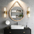 POZINO Wood Beaded Round Mirror, 24" Farmhouse Hanging Rustic Mirrors with Rope, Spherical Frame Rounded Wall Mirror, Boho Circle Mirrors for Bathroom Bedroom Living Room Hallway Entryway Fireplace